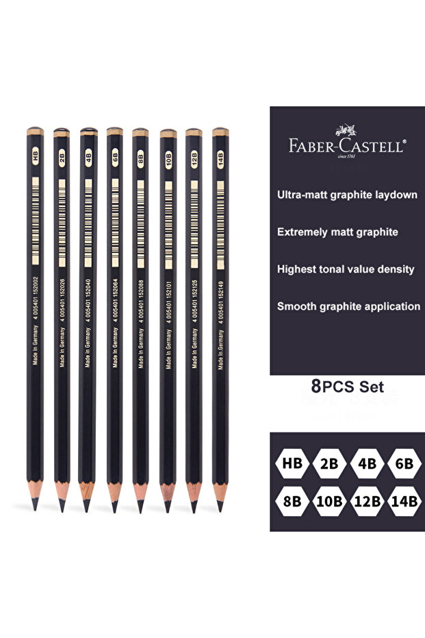 8PCS Full Set 8Pcs Faber-Castell Graphite Pitt Matt Pencil Set HB, 2B, 4B, 6B, 8B, 10B, 12B, 14B Ske