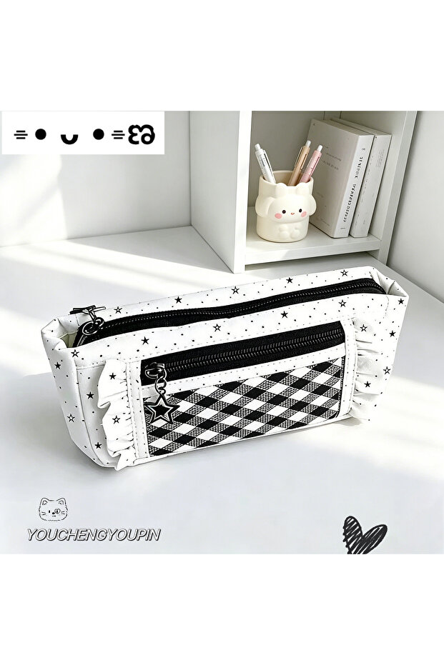Pencil Case 1Pc Korean-Style Black and White Star Pencil Bag, Checkerboard Stitching Lace Stationery