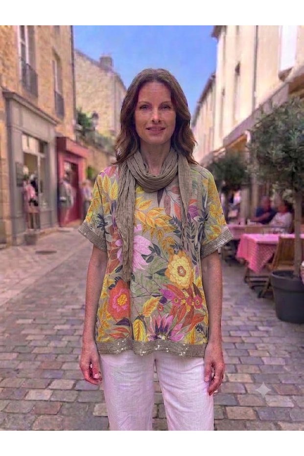 Women's Italian Flora Patterned Loose Blouse with Sequin Detail on Sleeves and Hem, with Scarf