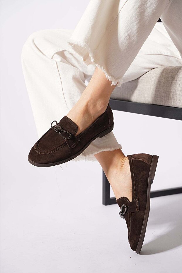 Kontas Bowknot Buckle Genuine Leather Ballerina Women's Shoes Brown Suede