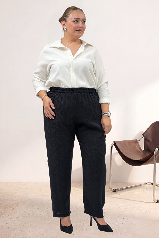 69016 Plus Size Jacquard Trousers with Elastic Waist and Pockets - Black