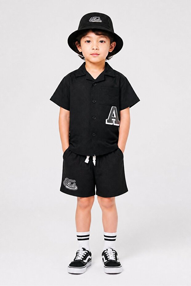 Kids Boy 3 Pieces Graphic Print Shirt And Shorts With Hat Set, Black