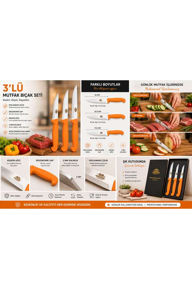 Arizona 3-Piece Kitchen Knife Set 3 mm Stainless Steel Sharp Knife Set 14-12.5-11.5 cm Ergonomic Handle