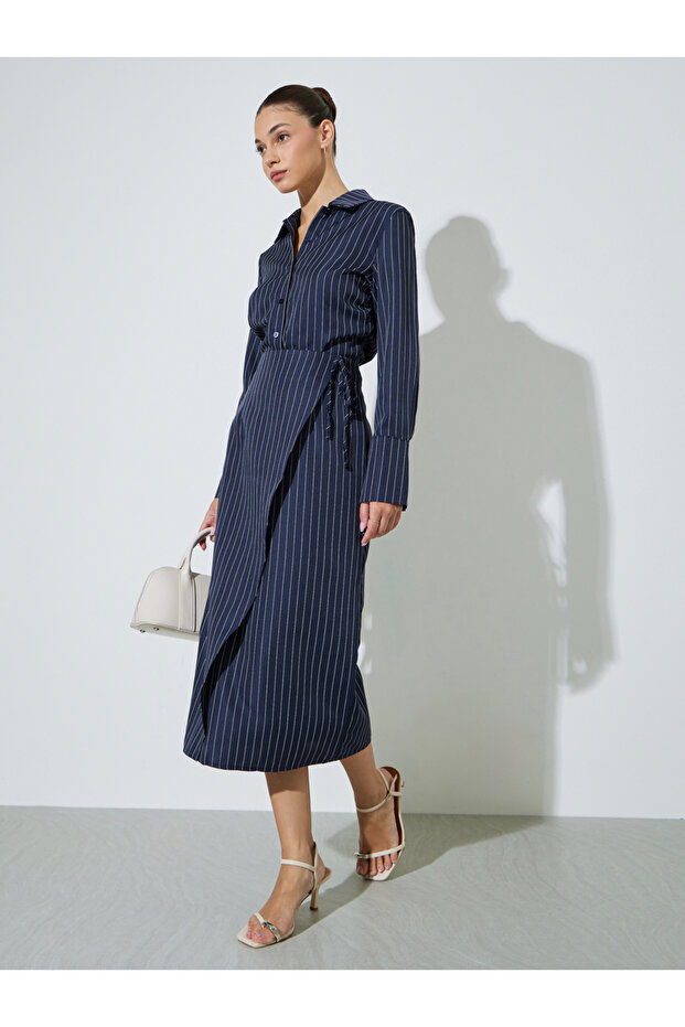 Navy Blue Pinstripe Wrap Midi Skirt
