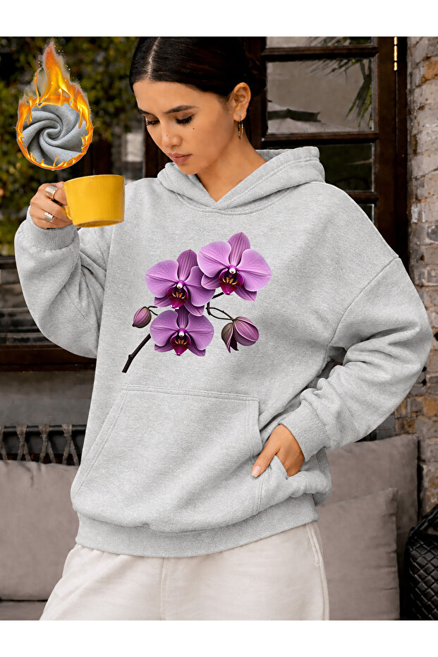 Unisex Floral Heart Printed Hooded Kangaroo Pocket Comfortable Fit Regular Cut Sweatshirt