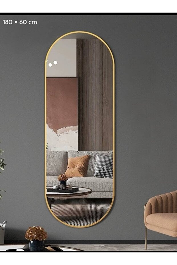 مرآة حائط LED كهربائية ثلاثية الألوان مع إطار ذهبي منحني - 180 × 60 cm