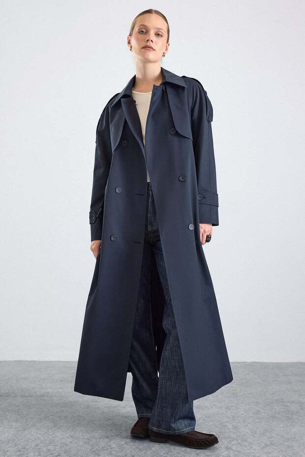 Long Trench Coat with Cape and Epaulette Detail, Button Accessories, Water Repellent Feature, Dark Blue 6880
