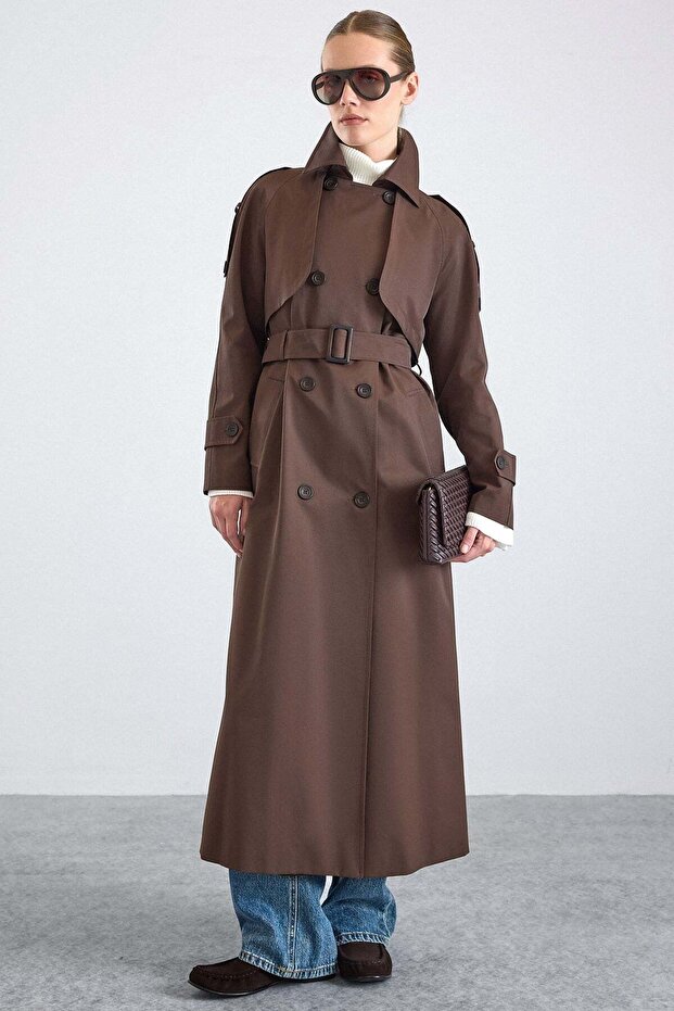 Long Trench Coat with Cape and Epaulette Detail, Button Accessories, Water Repellent Feature, Brown 6880