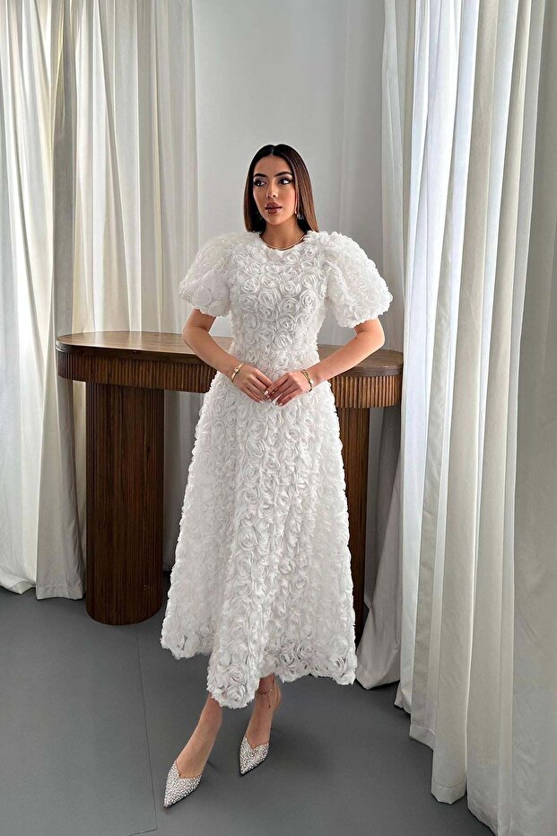 Women's White Midi Rose Appliqué Balloon Sleeve Round Neck Lined Event Dress