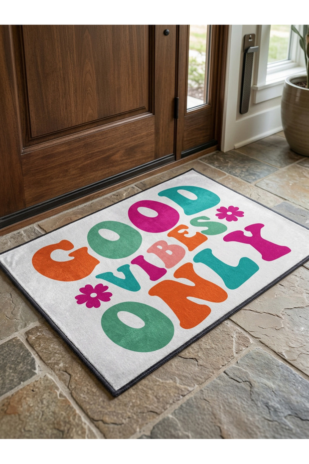 Non-Slip Sole Positive Energy Themed Washable Door Front-Bathroom Mat 40X60 cm