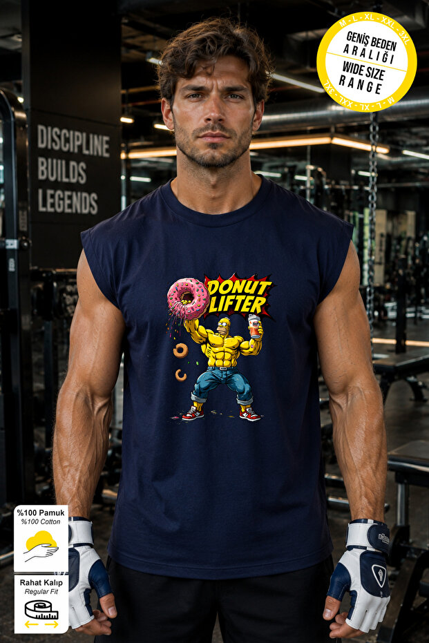 Navy Blue Donut Lifter Printed Crew Neck Sports Athlete's Undershirt Cotton Single Jersey Fabric Men's Undershirt