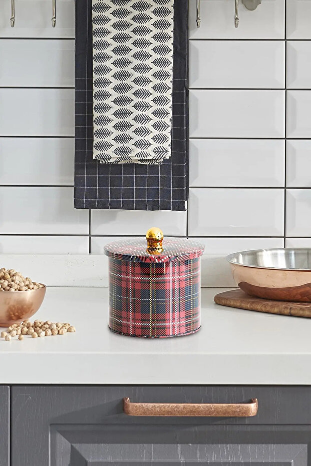 Plaid Patterned Metal Storage Container, 14 Cm, Kitchen Organizer, 500-999 ml