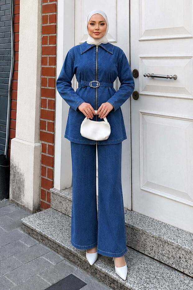 Vera Zippered Denim Suit Light Blue 19298