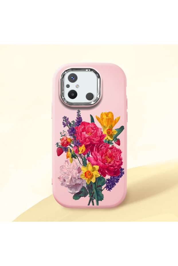 Redmi 12C Compatible Case Camera Protector Pink Silicone Couple Phone Case with Floral Pattern