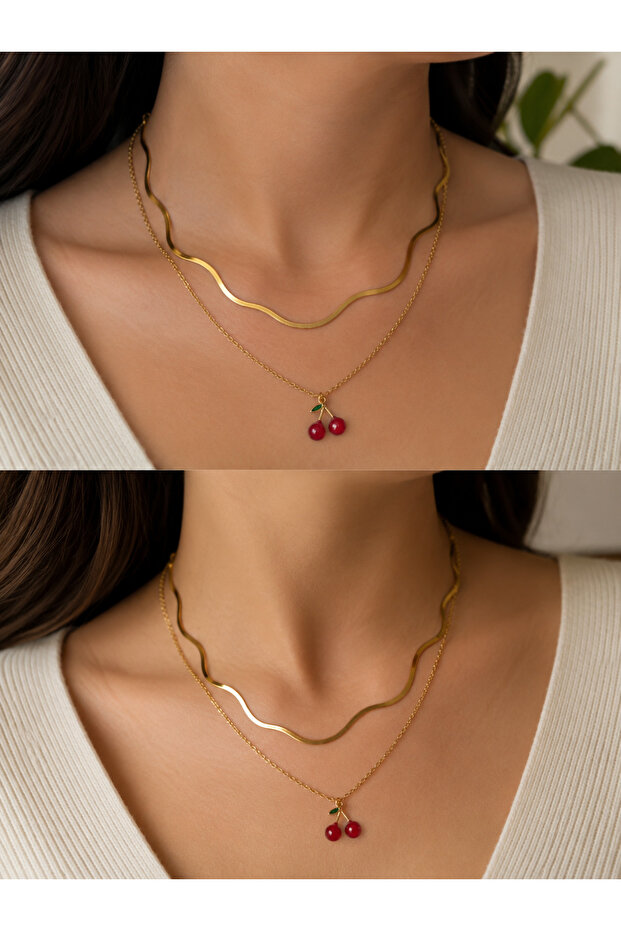 Women's Gold Color Cherry Figured Double Chain Wavy Design Necklace