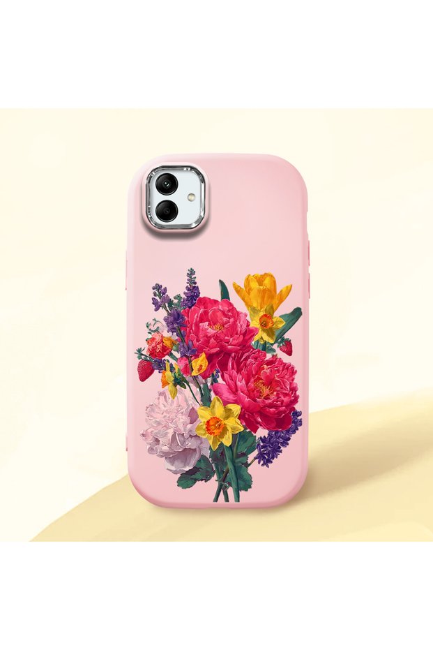 Samsung Galaxy A04 Compatible Case Camera Protector Pink Silicone Couple Phone Case with Floral Pattern