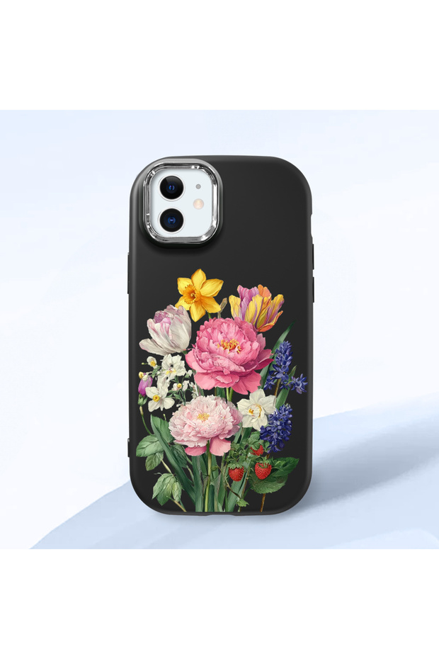 iPhone 12 Mini Compatible Case Camera Protector Black Silicone Couple Phone Case with Floral Pattern