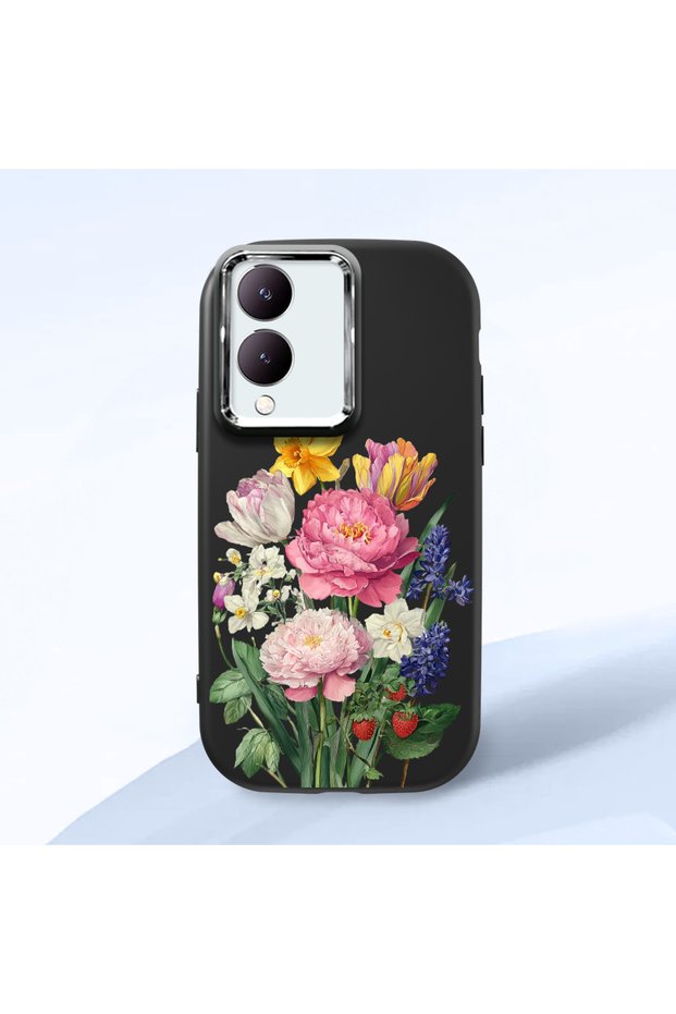 Vivo Y28 Compatible Case Camera Protector Black Silicone Couple Phone Case with Floral Pattern