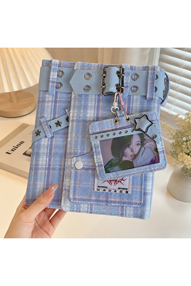 Plaid Metal Detailed Denim A5 Binder Pastel Blue