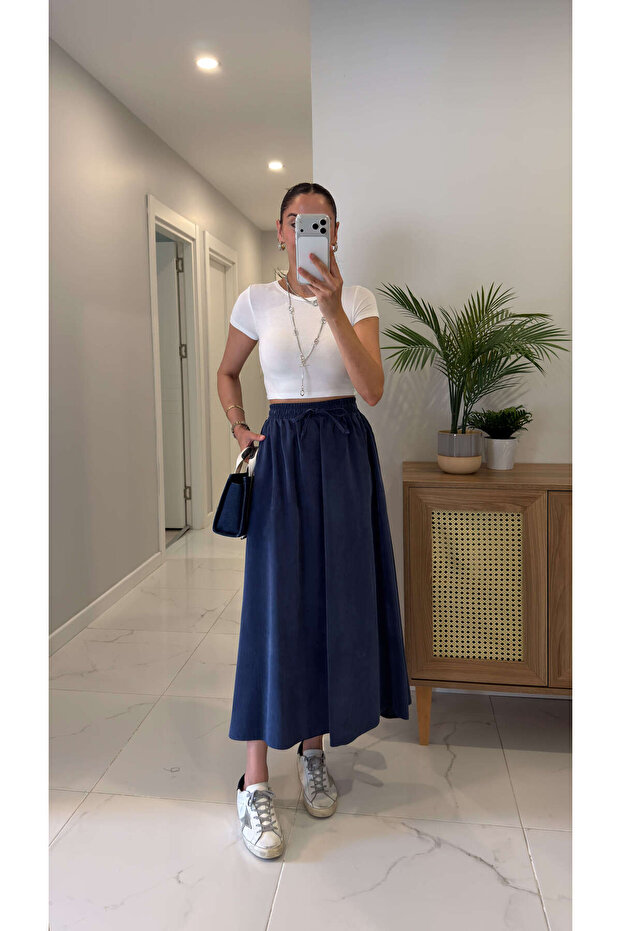 Md Violeta Navy Blue Tencel Skirt with Elastic Waist