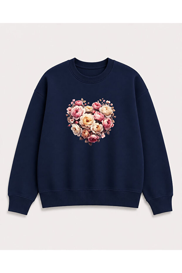 Heart and Roses Print Detailed Crew Neck 2 Thread Sweatshirt