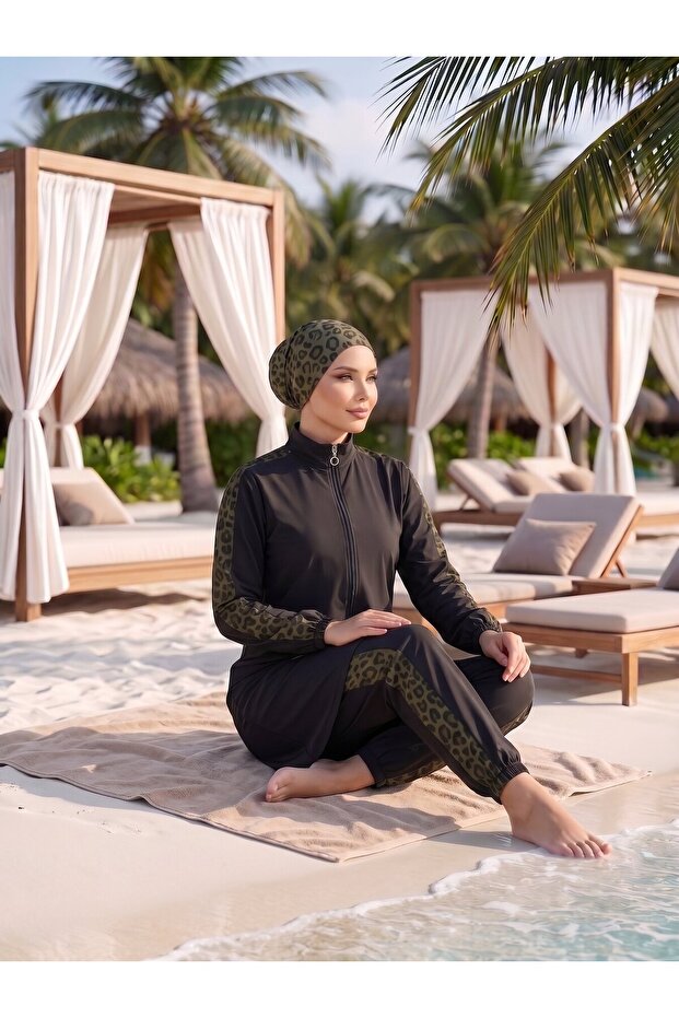 ملابس سباحة إسلامية مزينة بالليوبارد باللون الكاكي