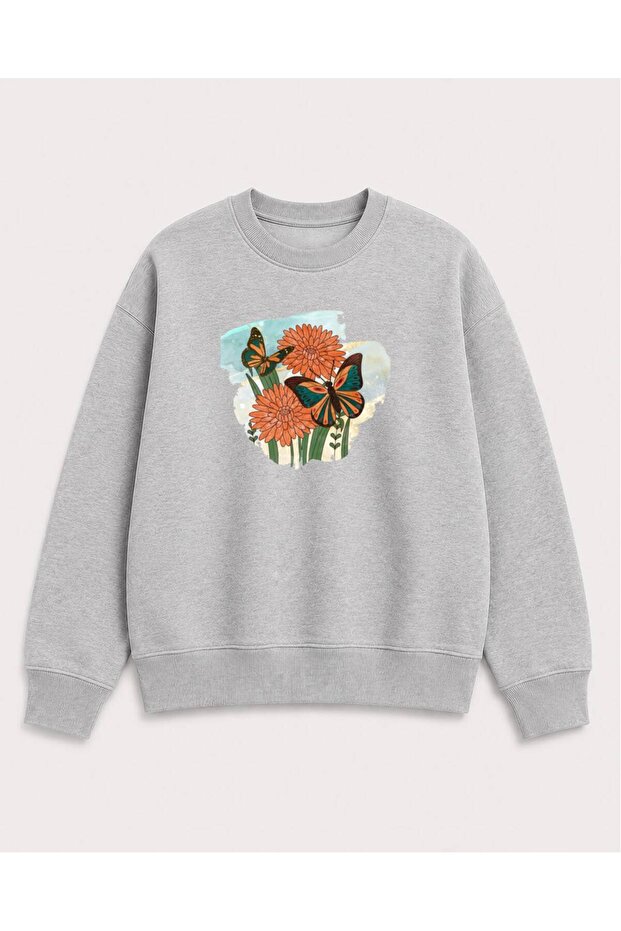 Butterfly and Flower Printed 2 Thread Threaded Crew Neck Sweatshirt