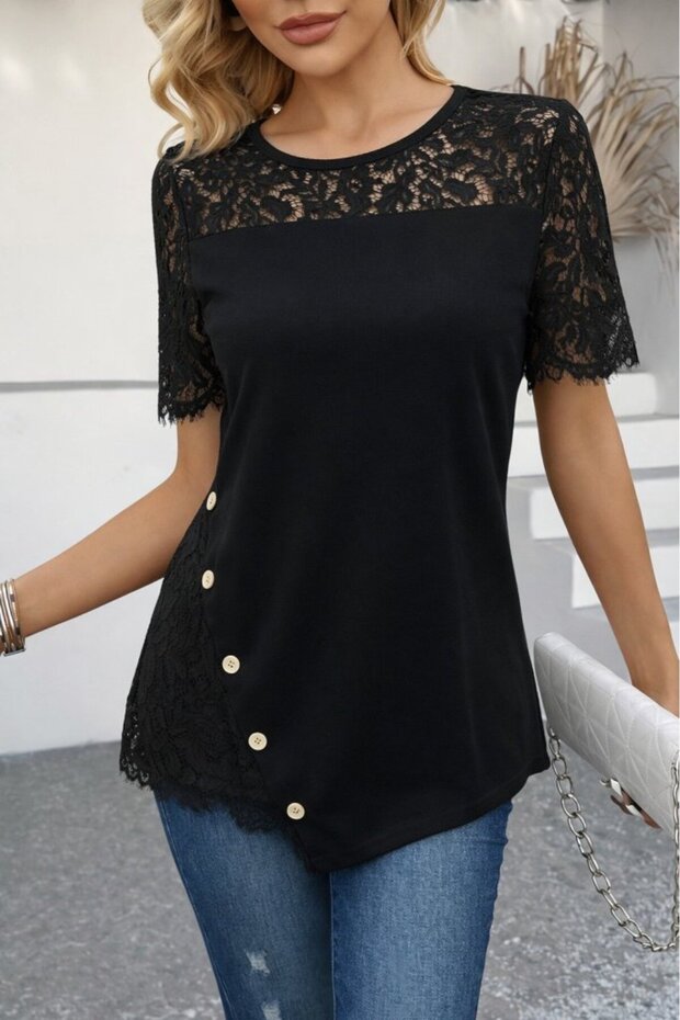 Women's Short Sleeve Lace Detailed Side Buttoned Waffle Blouse