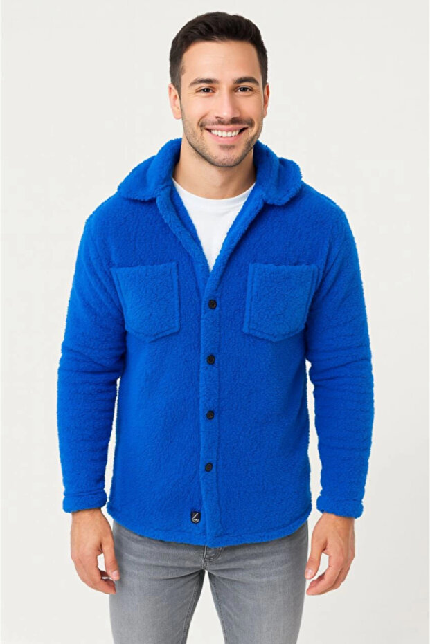 Men's Plush Fleece Cardigan Shirt – Collared, Button-Down, Chest Pocket, Soft Textured Winter Regular Fit