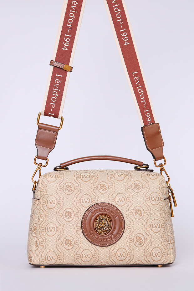 Monogram Printed Double Pocket Double Strap Stylish Logo Detailed Women's Hand and Shoulder Bag Khaki