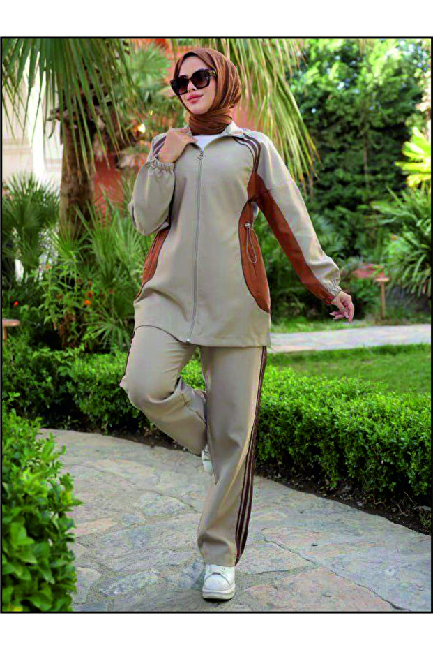Women's Hijab Tracksuit Set, Top and Bottom Set with Zipper Model 449