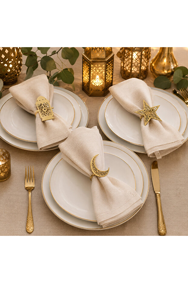 3 pc Star, Moon & Lantern Metal Napkin Ring Set - Gold