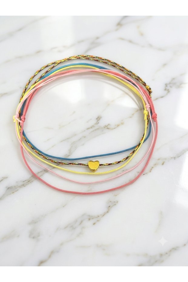Set of 5 Colorful Rope Heart Figured Bracelets in Pastel Colors with Adjustable Slide Lock Knitting