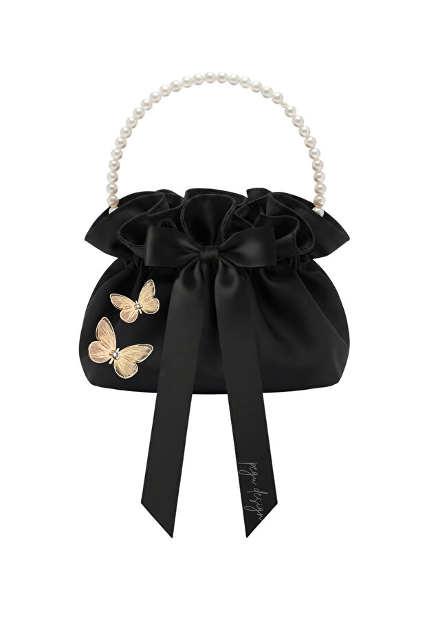 Black Cotton Satin Bag, Black Satin Pull-Strap Bag with Butterfly Pearl Handle for Daily/Formal Wear