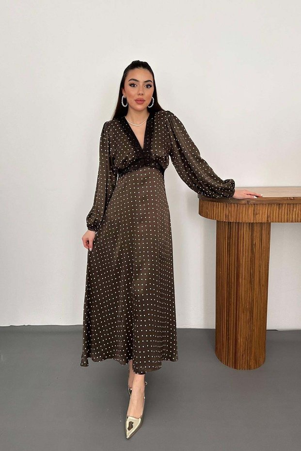 Women's Khaki Polka Dot Lace Detailed V-Neck Long Sleeve Satin Maxi Dress