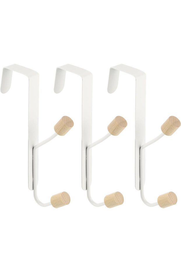 Door hooks, 3-pack of double hooks, wooden door hooks, towel hooks, suitable for bedrooms, bathrooms, and kitchens.