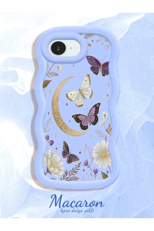 iPhone 16E/17E Compatible Wavy Frame Moon Butterfly and Flower Pattern Silicone Phone Case