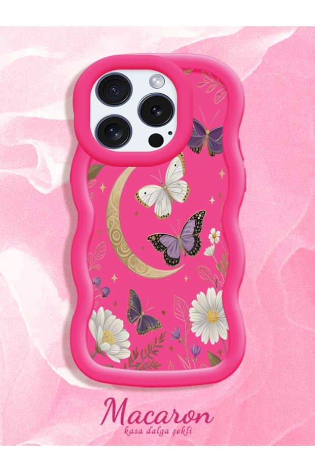 iPhone 12/12 Pro Compatible Wavy Frame Moon Butterfly and Flower Pattern Silicone Phone Case
