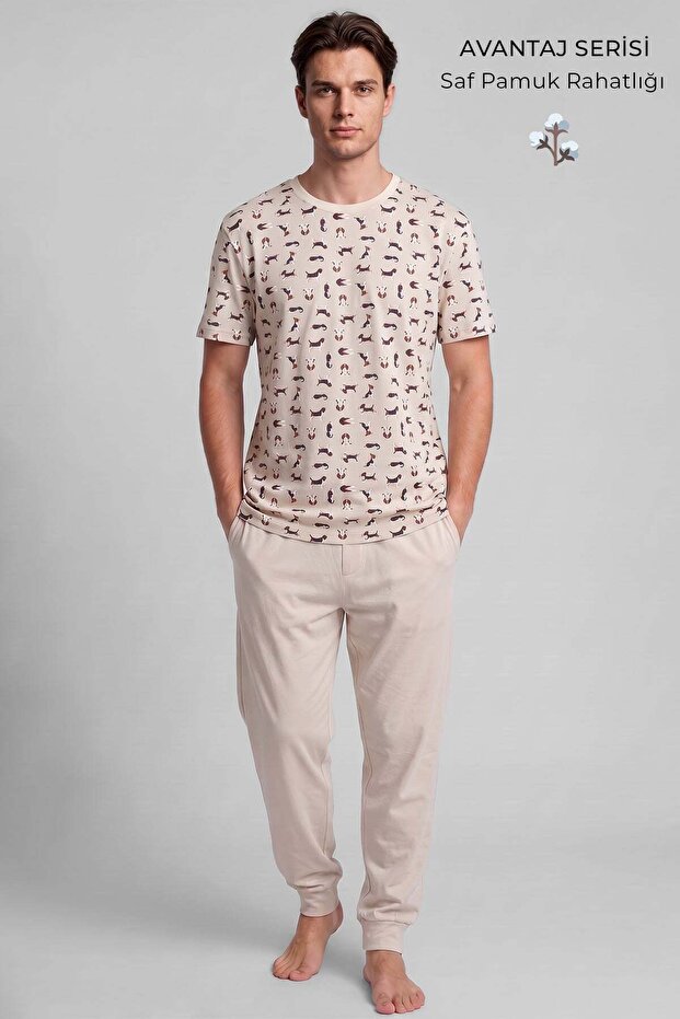 Egyptian Men's Cotton Animal Patterned Pajama Set Light Beige