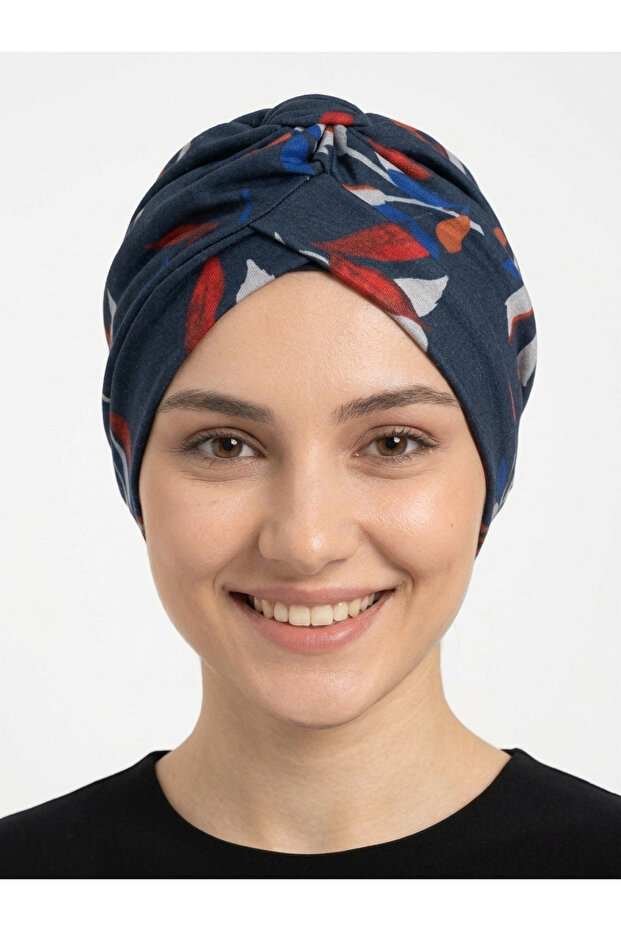 Botanical Patterned Crossed and Band Detailed Lined Ready-To-Wear Turban Hijab Pool Cap