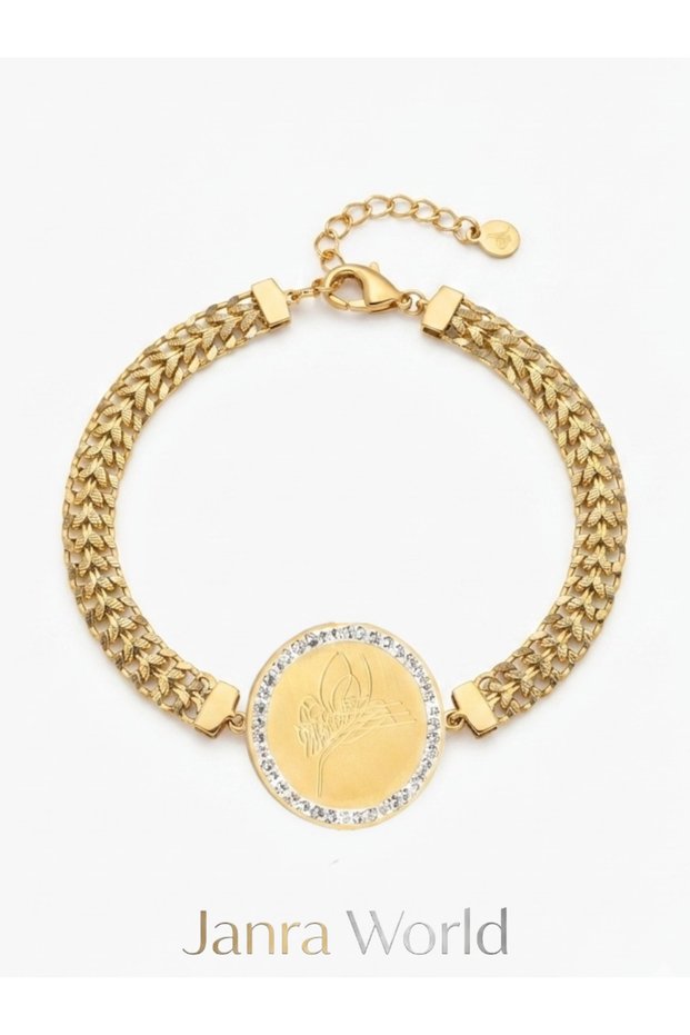 Steel Bracelet - Wicker Weave Steel Women's Bracelet with Stone-Encrusted Frame and Tuğra Figure