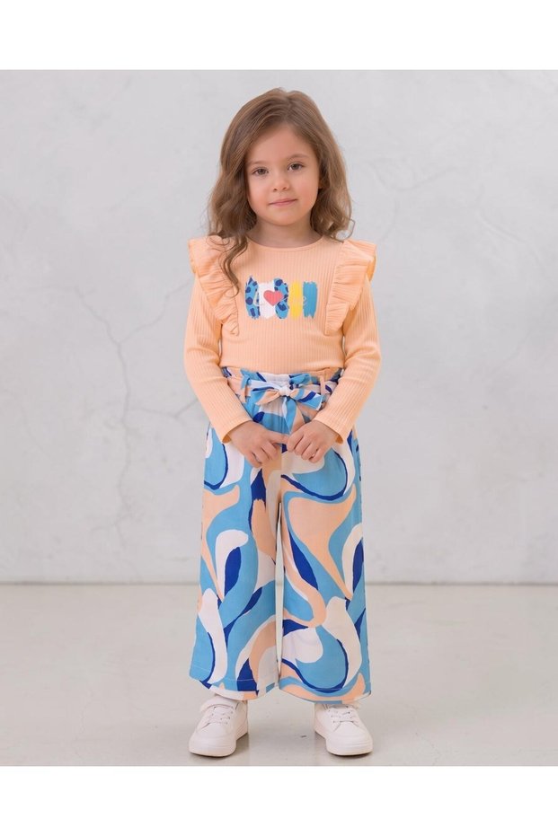 Girl's 2-3-4-5-6 Years Old Seasonal Ruffled Tiril Tiril Woven Pantalon Top and Bottom Set