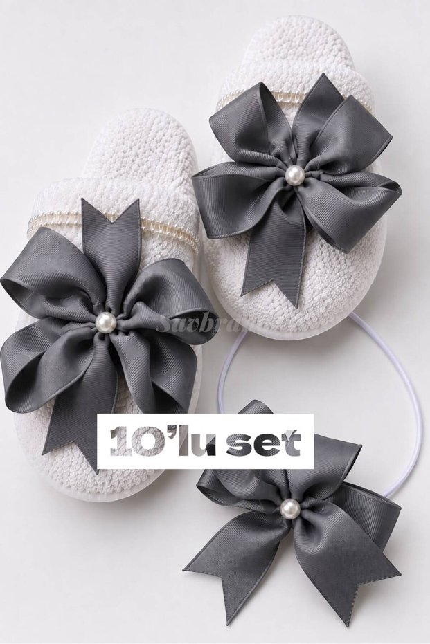 Bowknot and Pearl Maternity Slippers and Crown Set, 10-Piece – for Hospital Discharge, Baby Shower, and Birth Photo Shoots