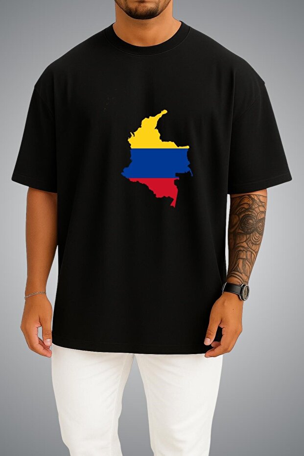 Oversize Colombia Flag and Map Chest Printed Unisex T-Shirt