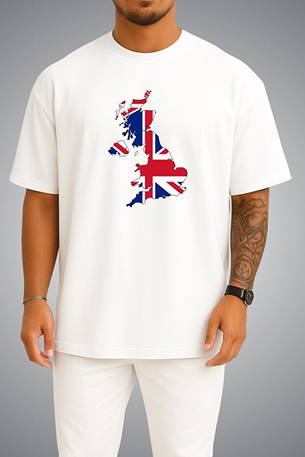 Oversize Unisex T-Shirt with Uk Flag and Map Chest Print