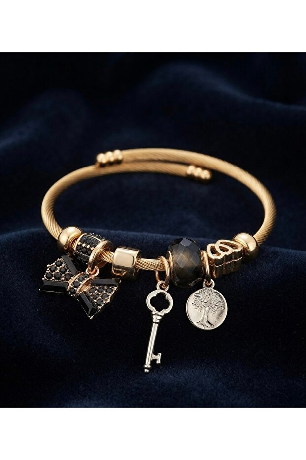 Asil Black Detailed Steel Charm Bracelet