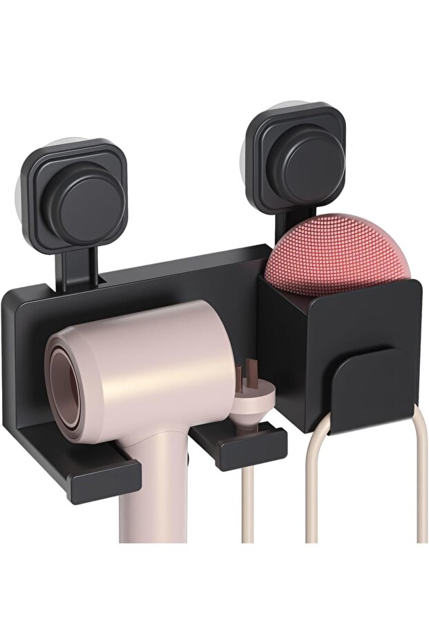 Wall-mounted hair dryer holder with self-adhesive design, suitable for bathroom vanities, salons, and homes.