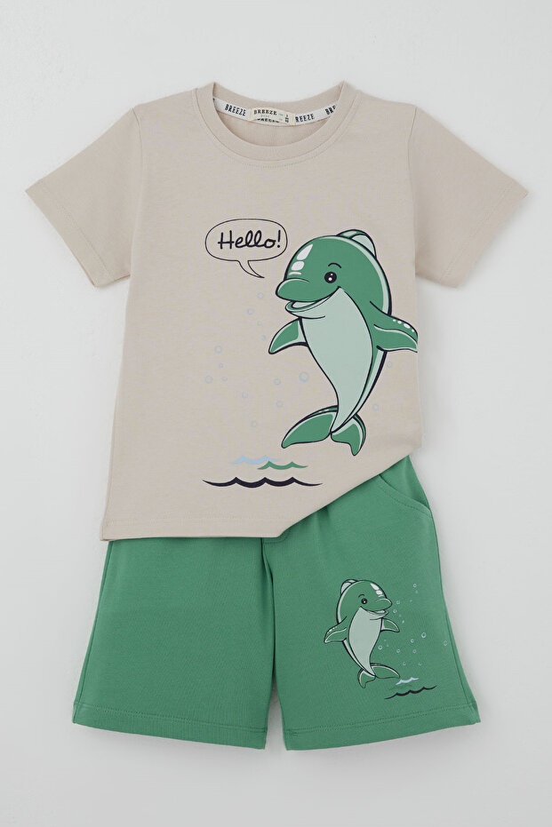 Boy's Shorts Set with Cute Dolphin Figure, Ages 2-6, Beige
