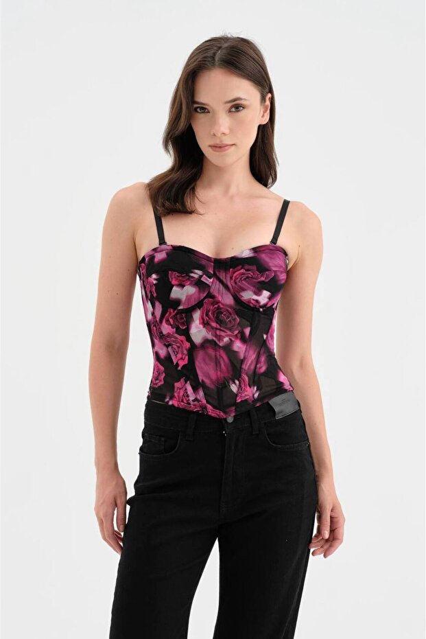 Women's Corset with Covered Bust Part and Floral Fabric Detailed Design