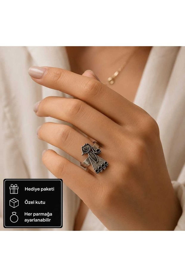 Antique Silver Color Adjustable Women's Ring with Cute Girl Figure – Meaningful Gift with Special Box